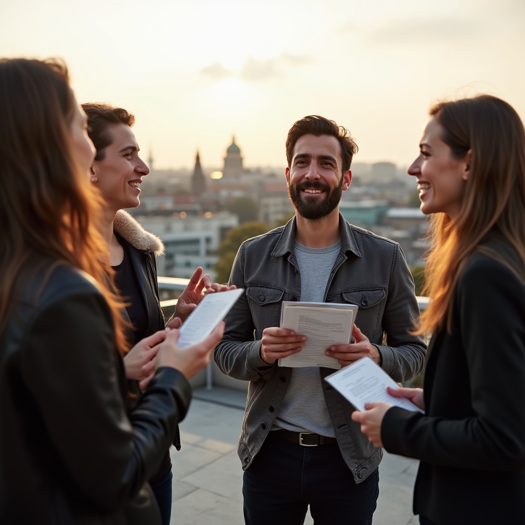 Gruppe von fünf Personen diskutiert lebhaft auf einer Terrasse mit Stadtblick