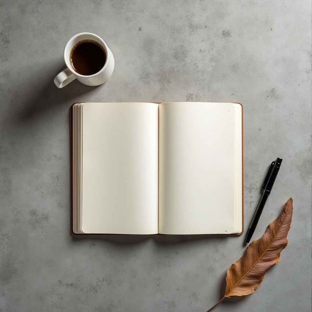 Kaffeetasse neben aufgeschlagenem Notizbuch mit handgeschriebenen Notizen im Morgenlicht