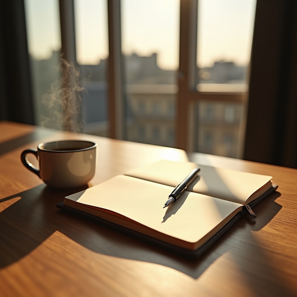 Schreibtisch am Morgen mit Notizbuch und warmem Licht